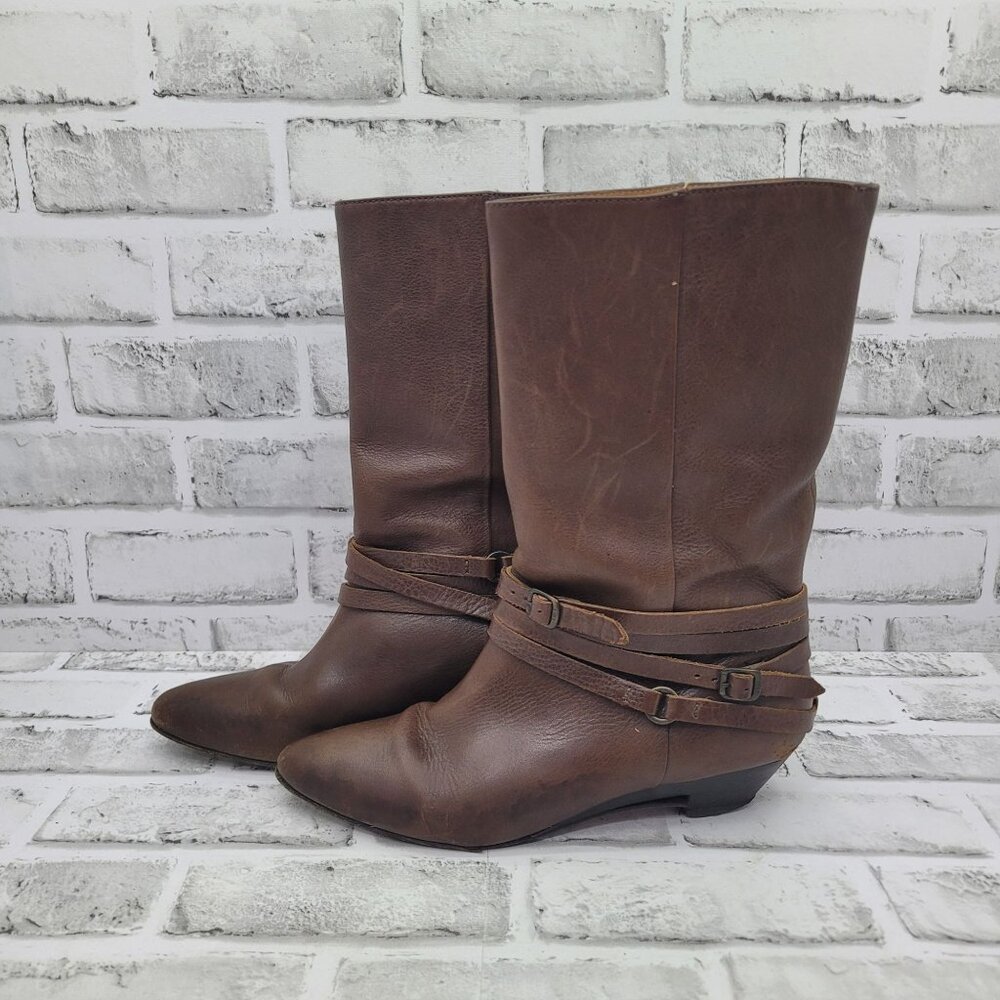 Vintage Frye Sunny Mid Calf Strappy Low Wedge Brown Leather Boots Size 7- READ